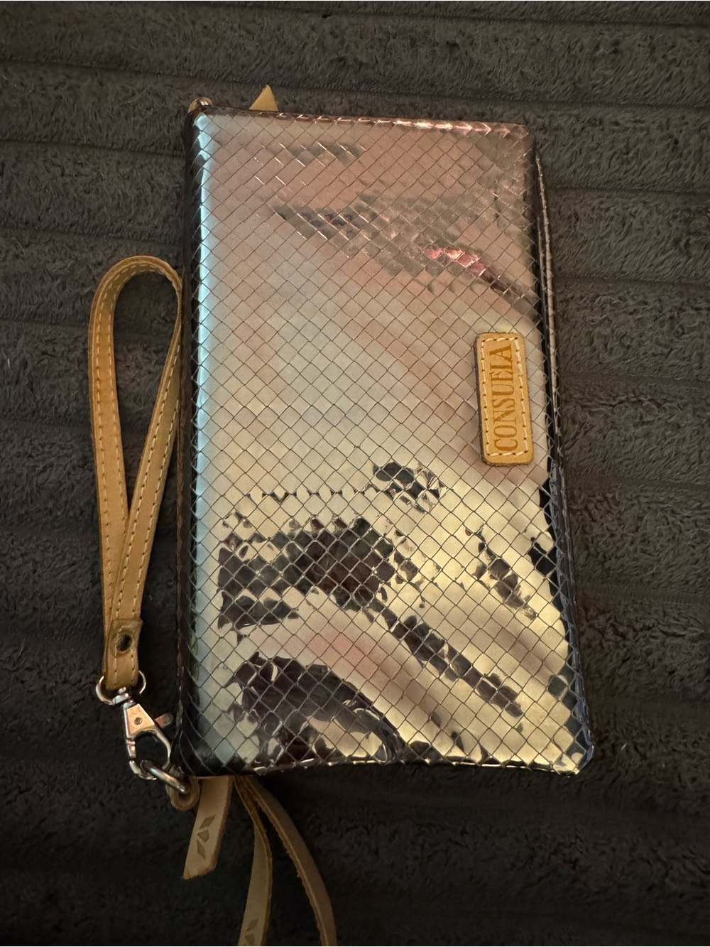 Consuela Metallic Silver Phone Wallet Case with Tan Wrist Strap